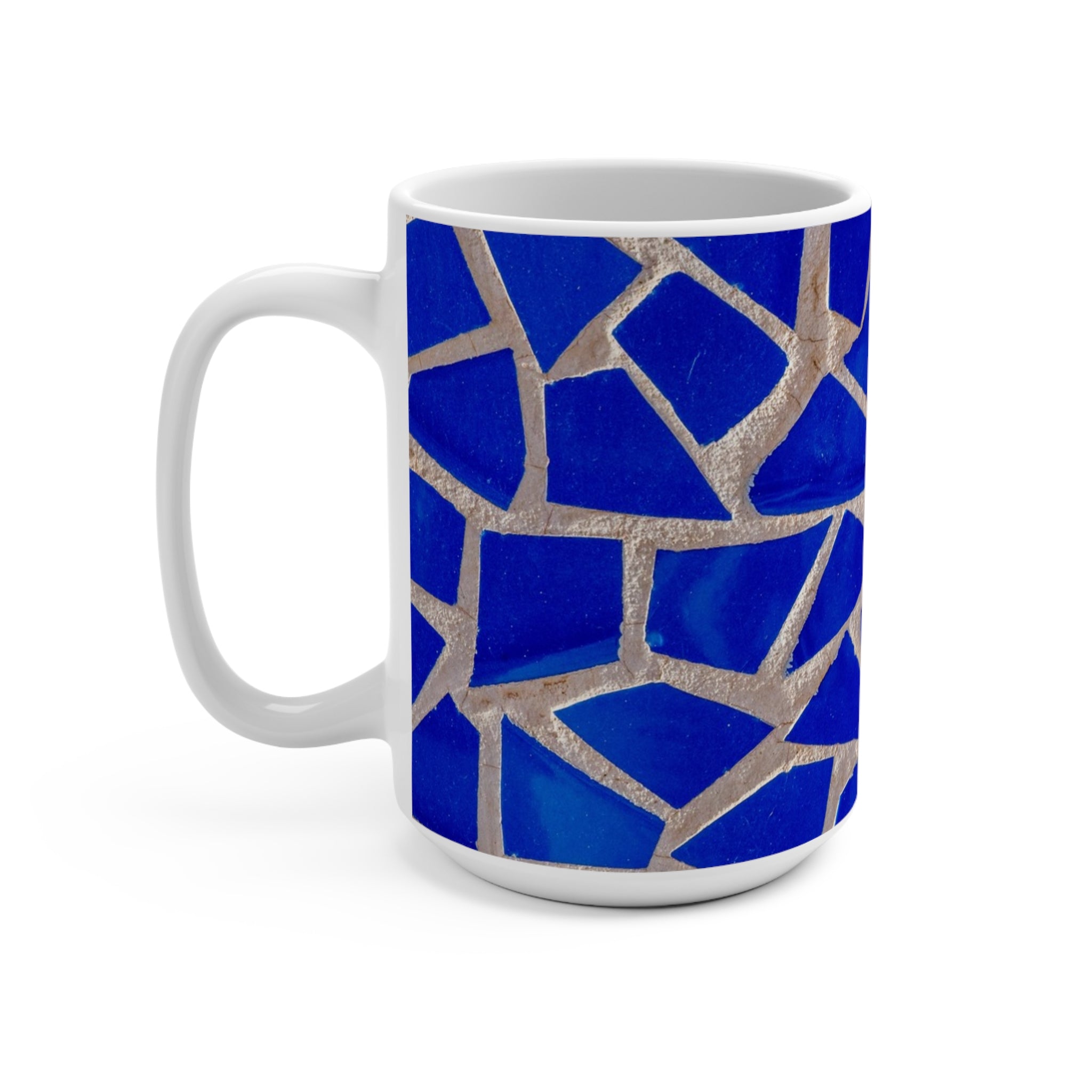 Taza de cerámica azul — Patrón de mosaico tipo vidriera inspirado en la técnica trencadís de Antoni Gaudí - Magic Dreams Collection