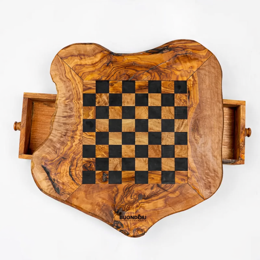 Tablero de Ajedrez Rústico en Madera de Olivo con Cajón — 35 × 35 cm - Magic Dreams Collection